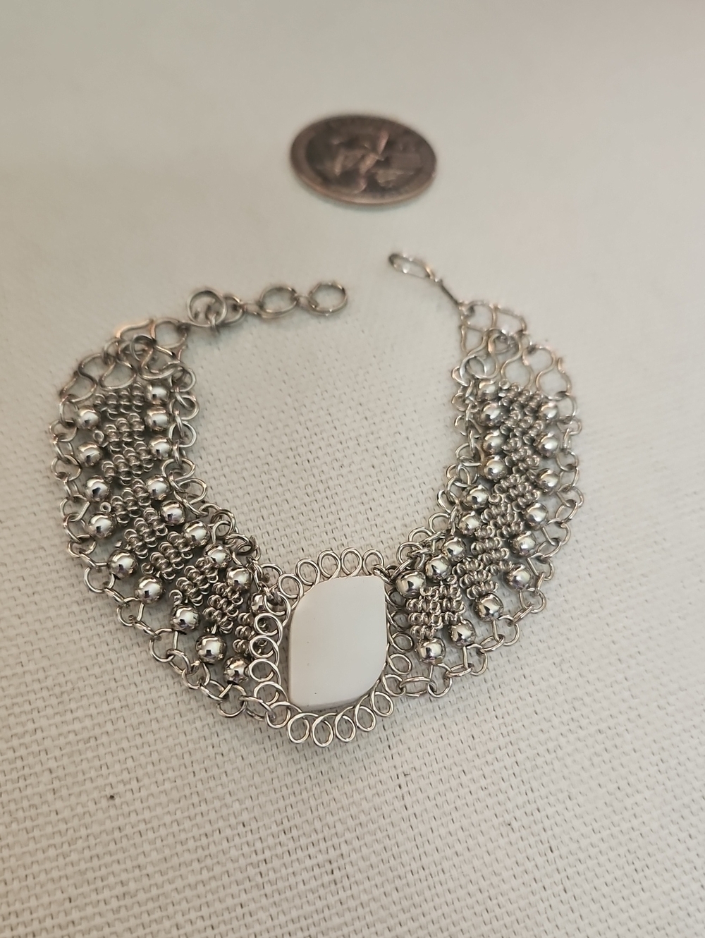 Silver-Tone Chainmail  Bracelet with White Stone Accent
